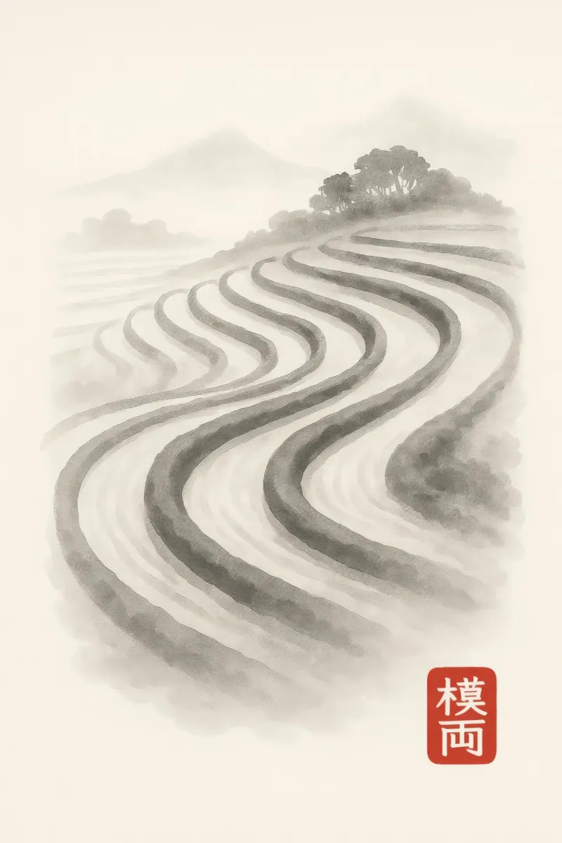 Rice terraces in Japanese ink painting style poster with aluminum frame by Moqro Home Decoration