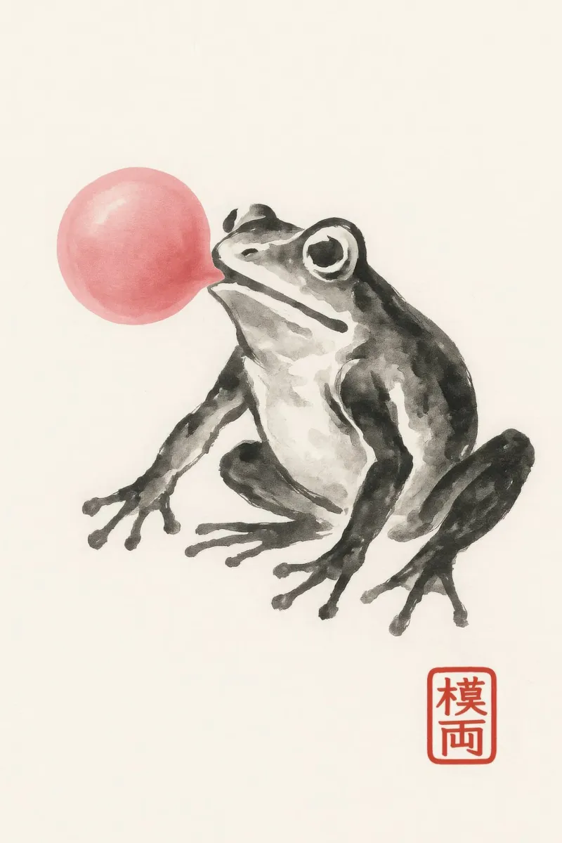 Rana con palloncino di gomma da masticare in stile pittura a inchiostro giapponese carta hahnemühle da Moqro Home Decoration