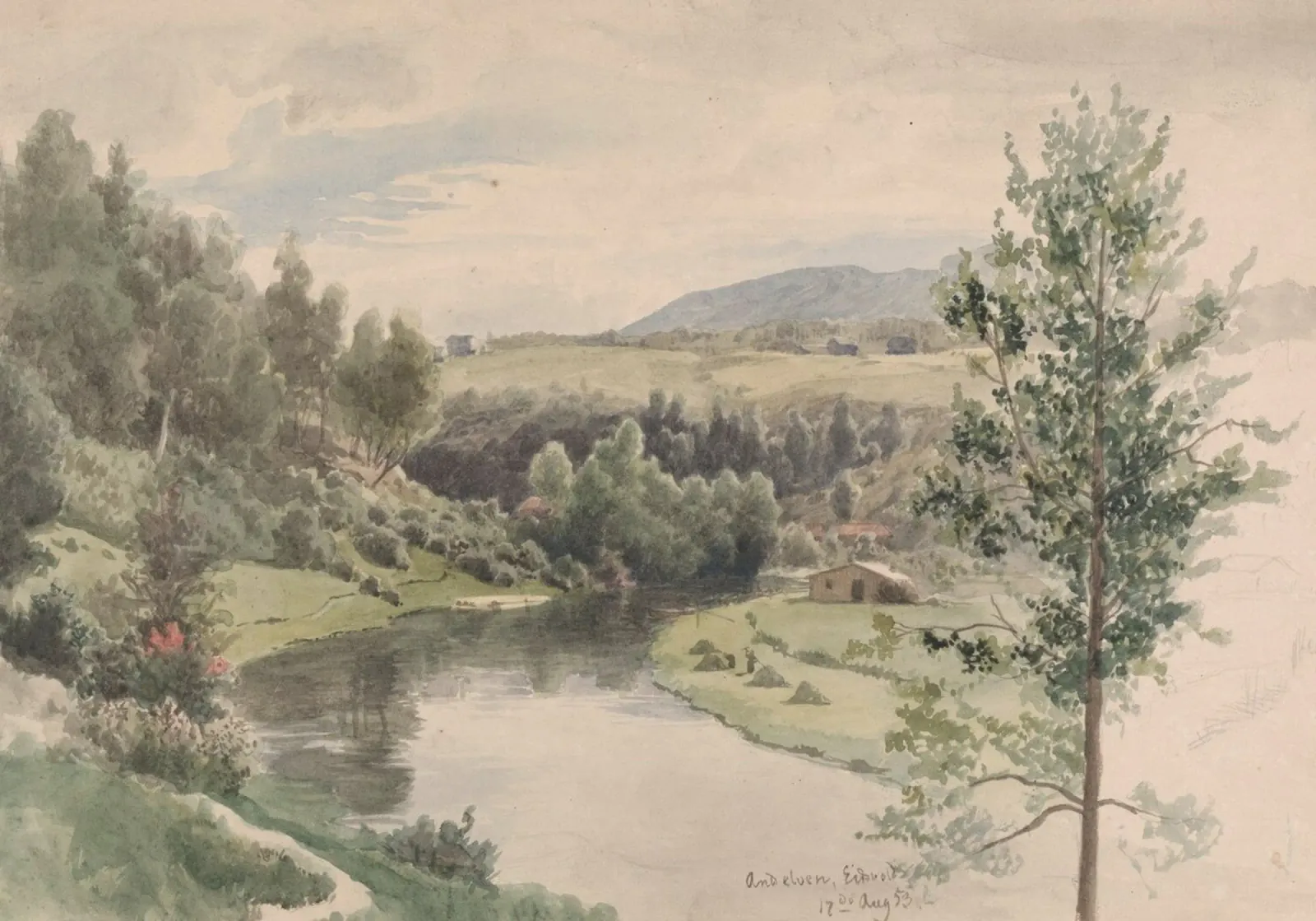 Paesaggio sereno della valle del fiume - Acquerello d'epoca pellicola backlit da ClubArt