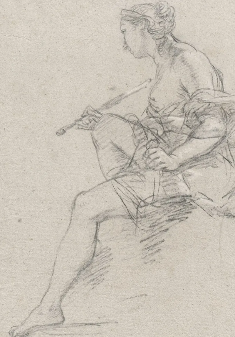 Renaissance schets: Studie naakte vrouw met fluit canvas met Baklijst van ClubArt