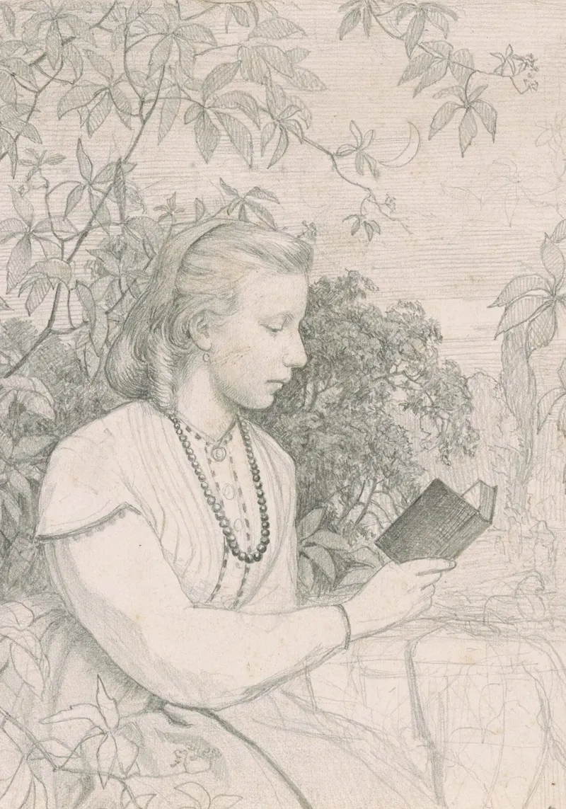 Victorian Sketch: Girl Reading in Garden Setting canvas by ClubArt