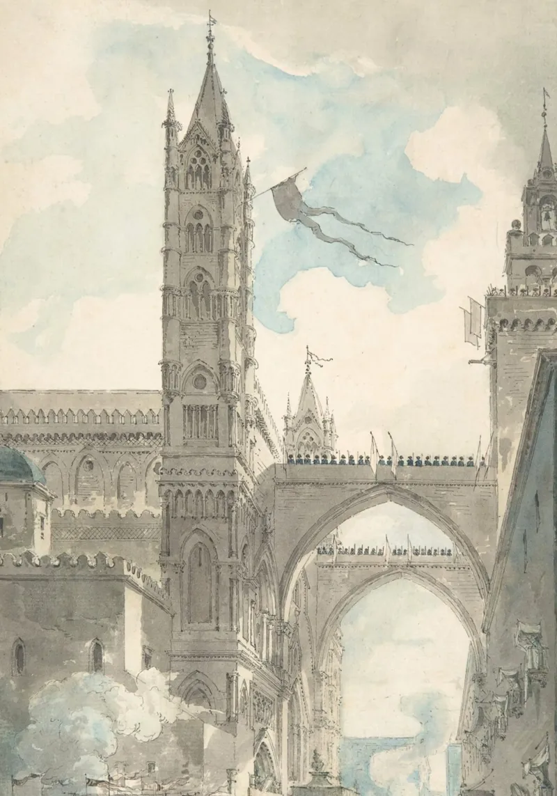 Palermo Cathedral: Gothic Architecture Watercolor Sketch canvas with Floater frame by ClubArt