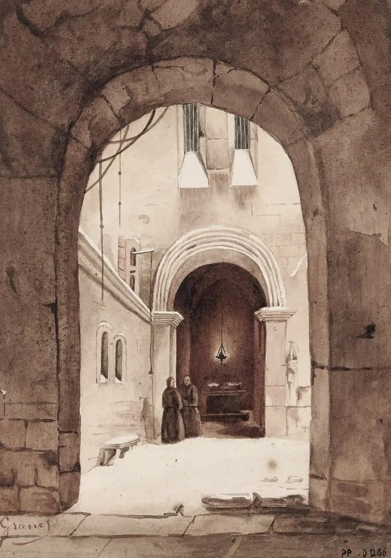 Vita monastica: Cortile ad arco con monaci che disegnano pellicola backlit da ClubArt