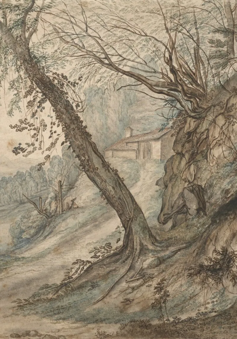 Romantic Landscape Sketch: Secluded Cottage & Twisted Trees canvas with Floater frame by ClubArt