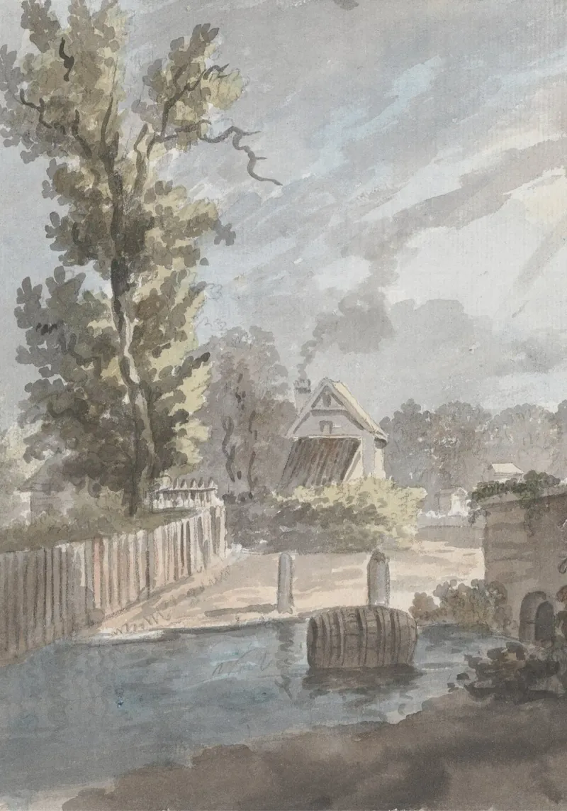 Idillio rurale: cottage sul fiume con barile galleggiante poster da ClubArt