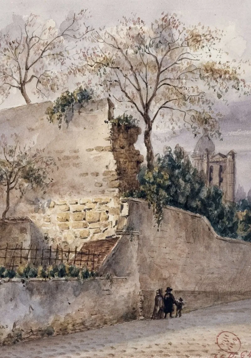 1864 Franse dorpsscène: Stenen muur & kerk in de verte canvas met Baklijst van ClubArt