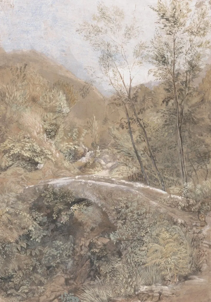 Paesaggio romantico: Ponte di pietra e vista sulla valle pellicola backlit da ClubArt
