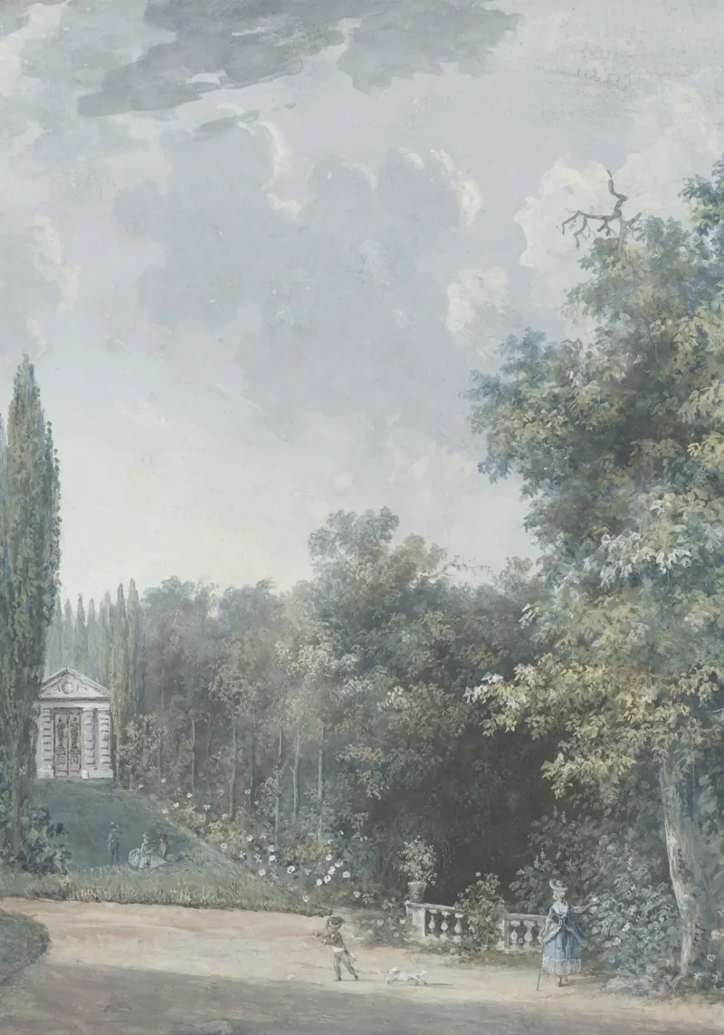 Giardino neoclassico: Paesaggio con follia e figure poster con telaio in alluminio da ClubArt
