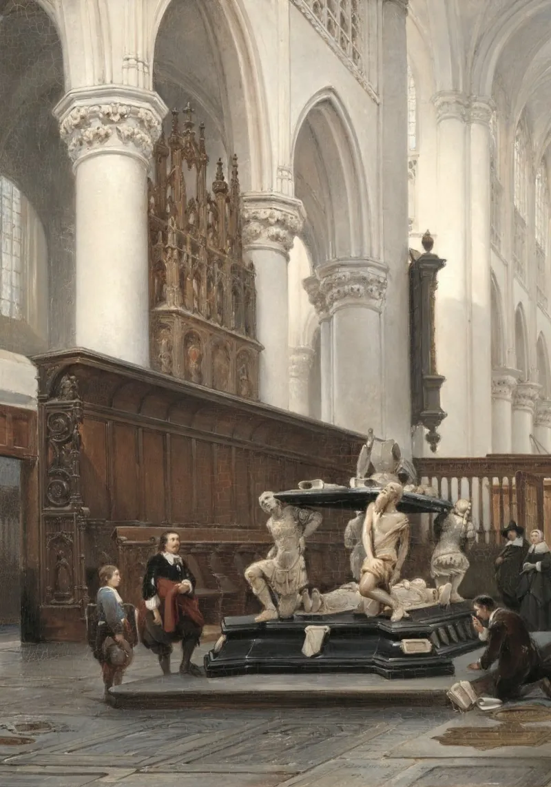 Interno rinascimentale: Chiesa con monumento e figure poster da ClubArt