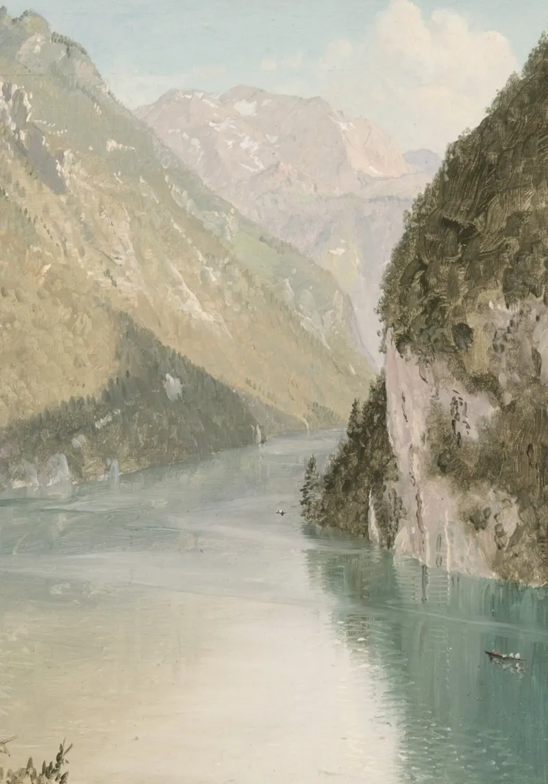 Romantischer Alpensee: Gelassene Wasserlandschaft in den Bergen Poster von ClubArt