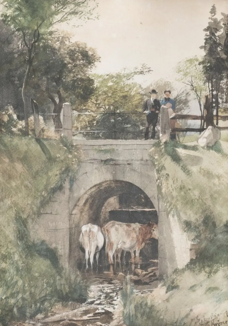 Scena di ponte rurale: Mucche sotto l'arco, figure in alto (1876) tela con Cornice a cassetta da ClubArt