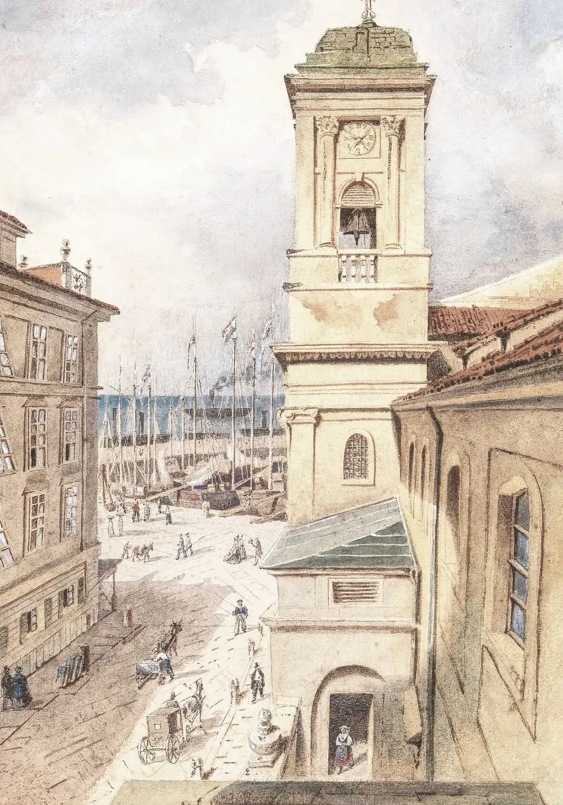 Mediterranean Port Town: Clock Tower & Harbor Scene canvas with Floater frame by ClubArt