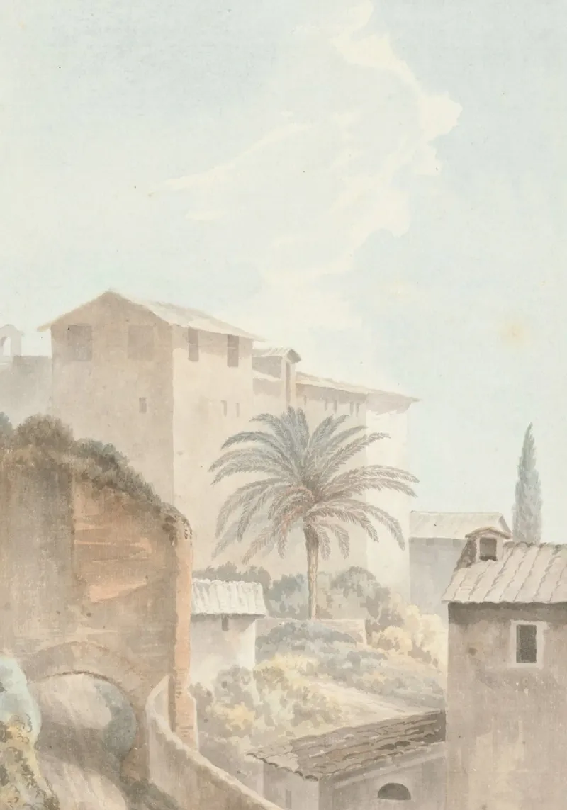 Mediterranean Hillside: Palm Tree & Historic Architecture canvas with Floater frame by ClubArt
