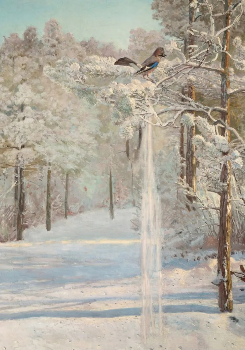 Winterwald: Eichelhäher auf verschneitem Kiefernzweig Gemälde Hahnemühle von ClubArt