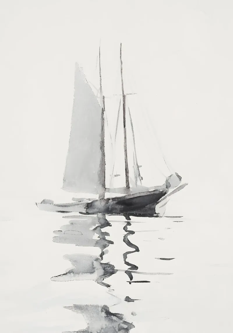 Minimalistisch zeegezicht: Monochrome Zeilboot Reflectie hahnemühle van ClubArt