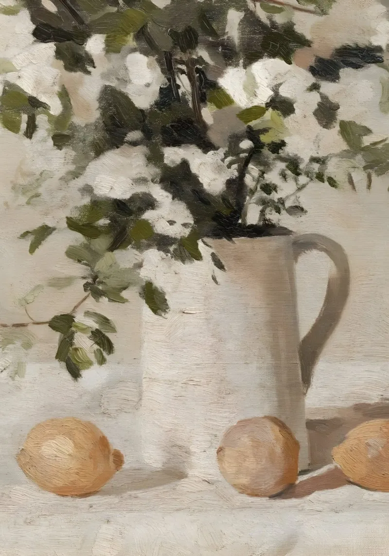 Nature morte impressionniste : Fleurs blanches et citrons hahnemühle de ClubArt