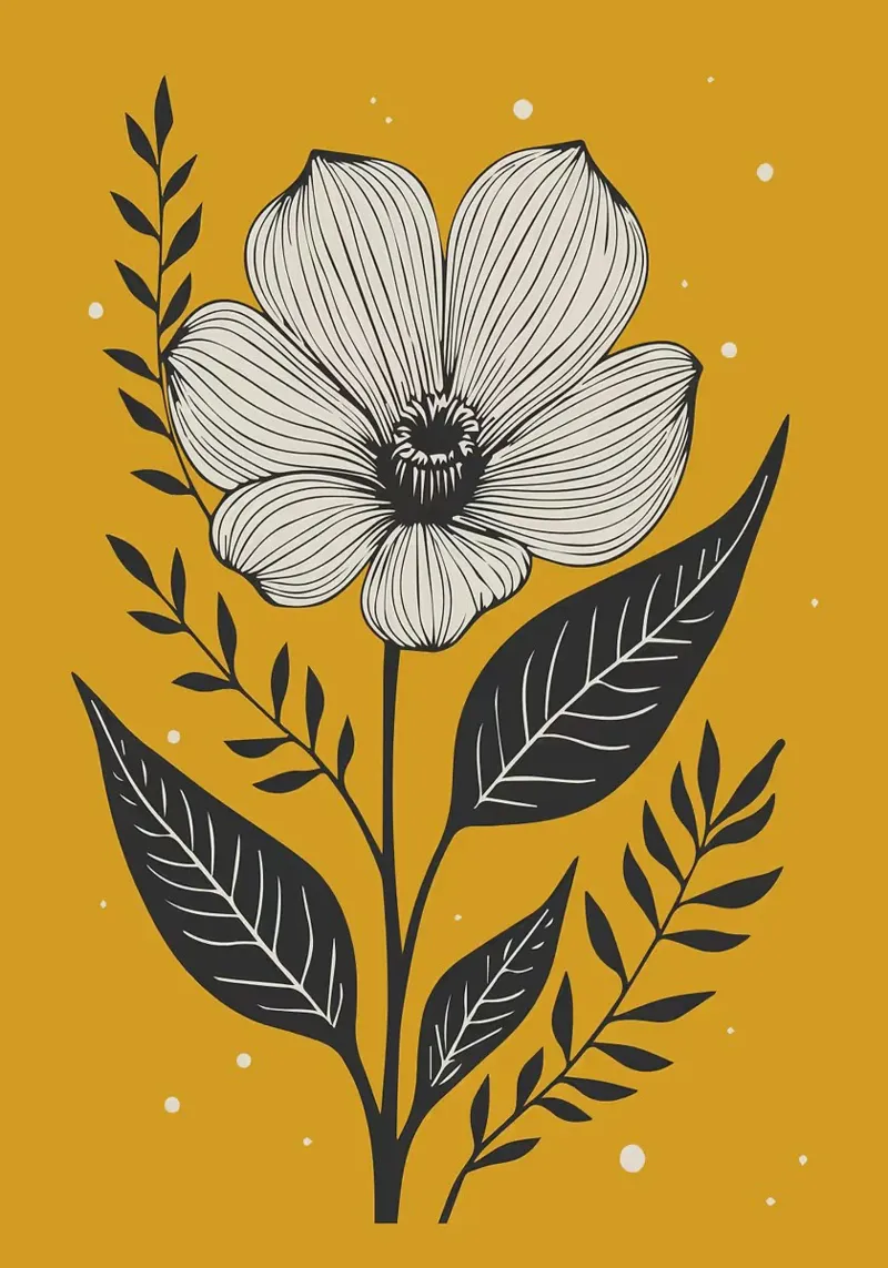 Dessin au trait botanique audacieux sur jaune moutarde 1 hahnemühle de FlowersShop