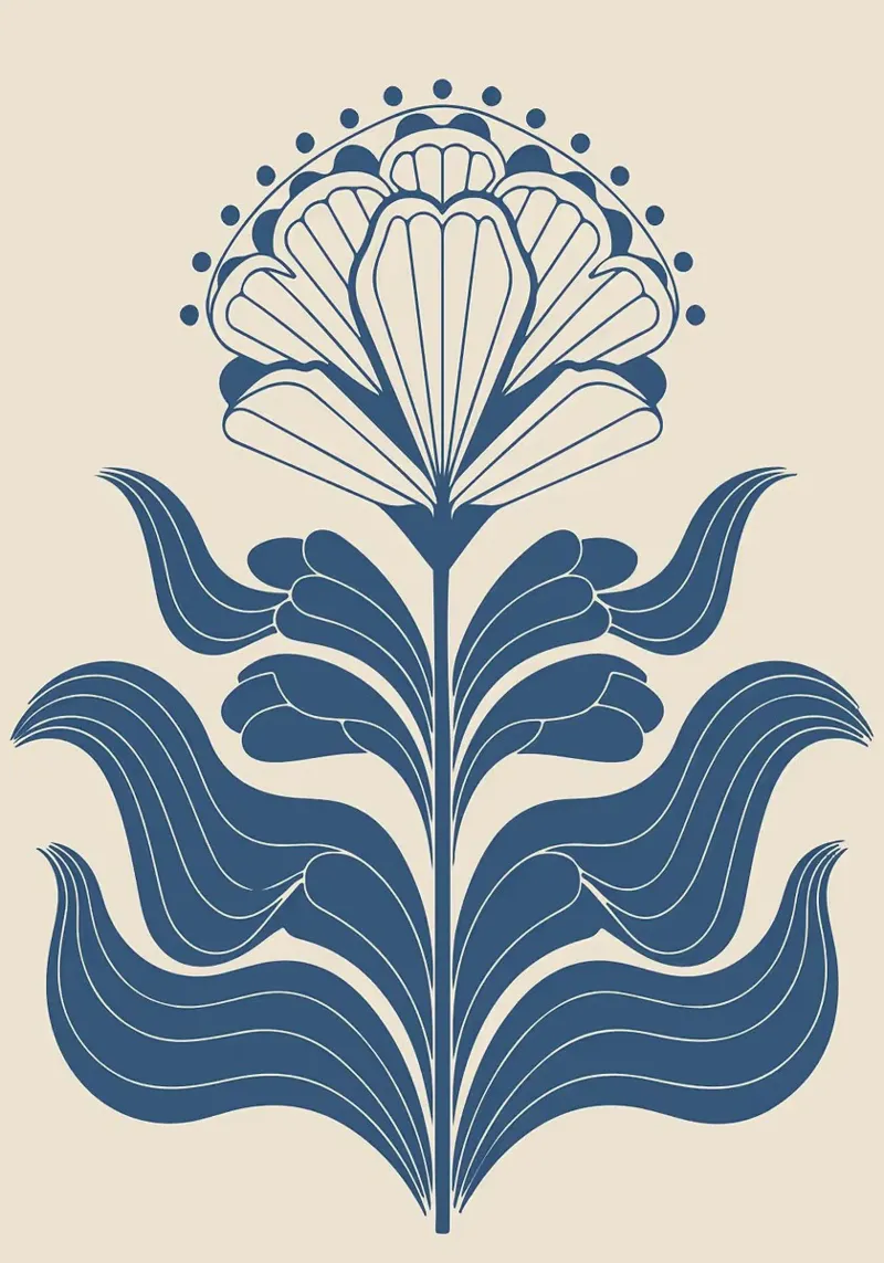 Stampa folkloristica floreale monocromatica blu poster con telaio in legno da FlowersShop