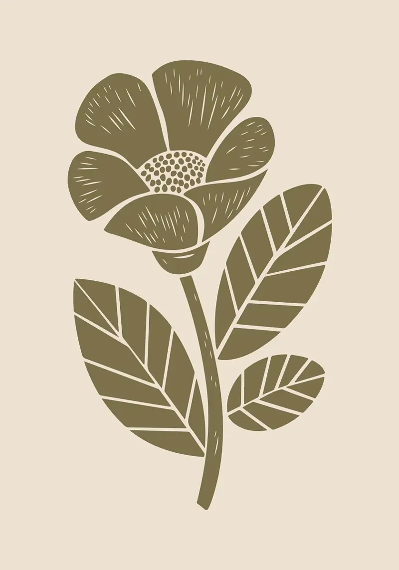 Verde oliva Fiore rustico Illustrazione Linocut pellicola backlit da FlowersShop