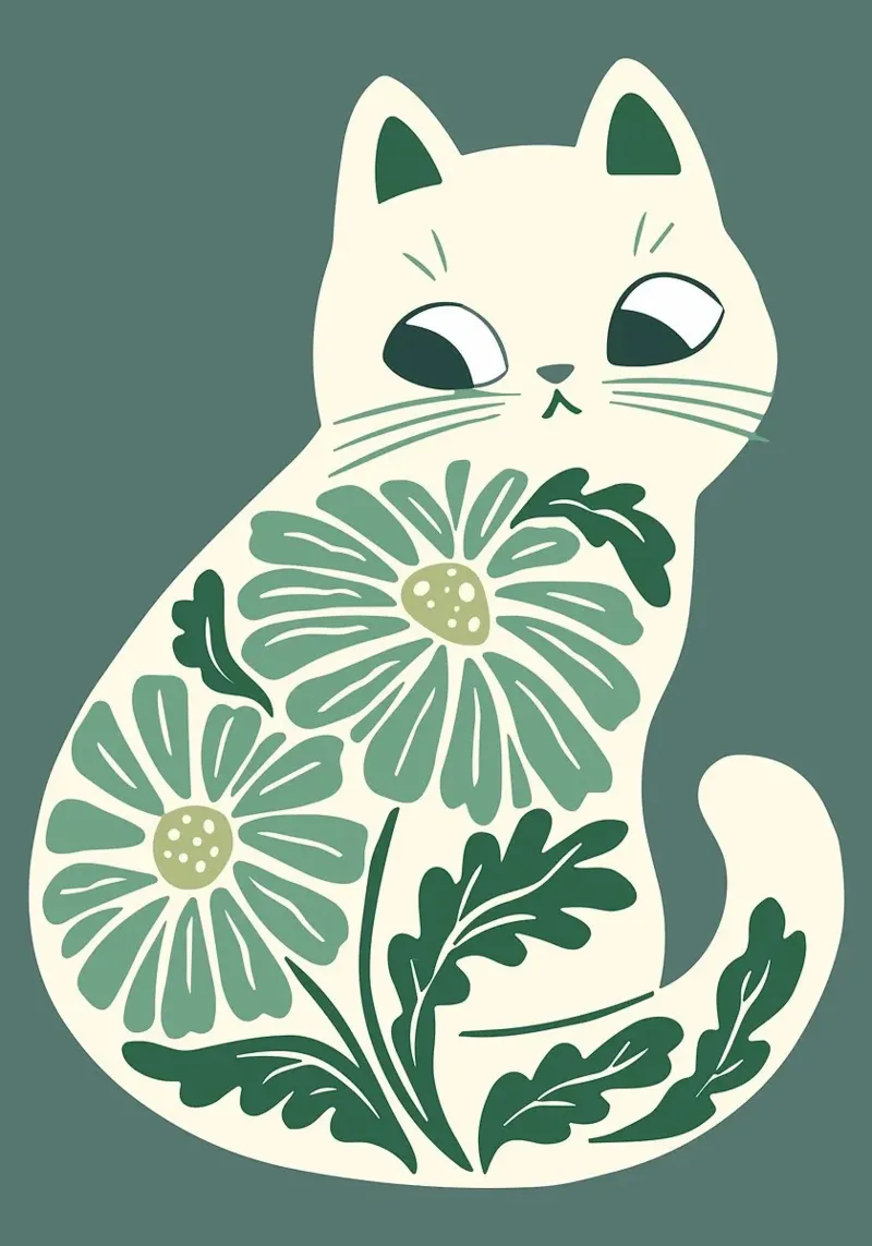 Costal Blue Boho Cats Art, Floral Cat Illustration hahnemühle by MinimalistDesign