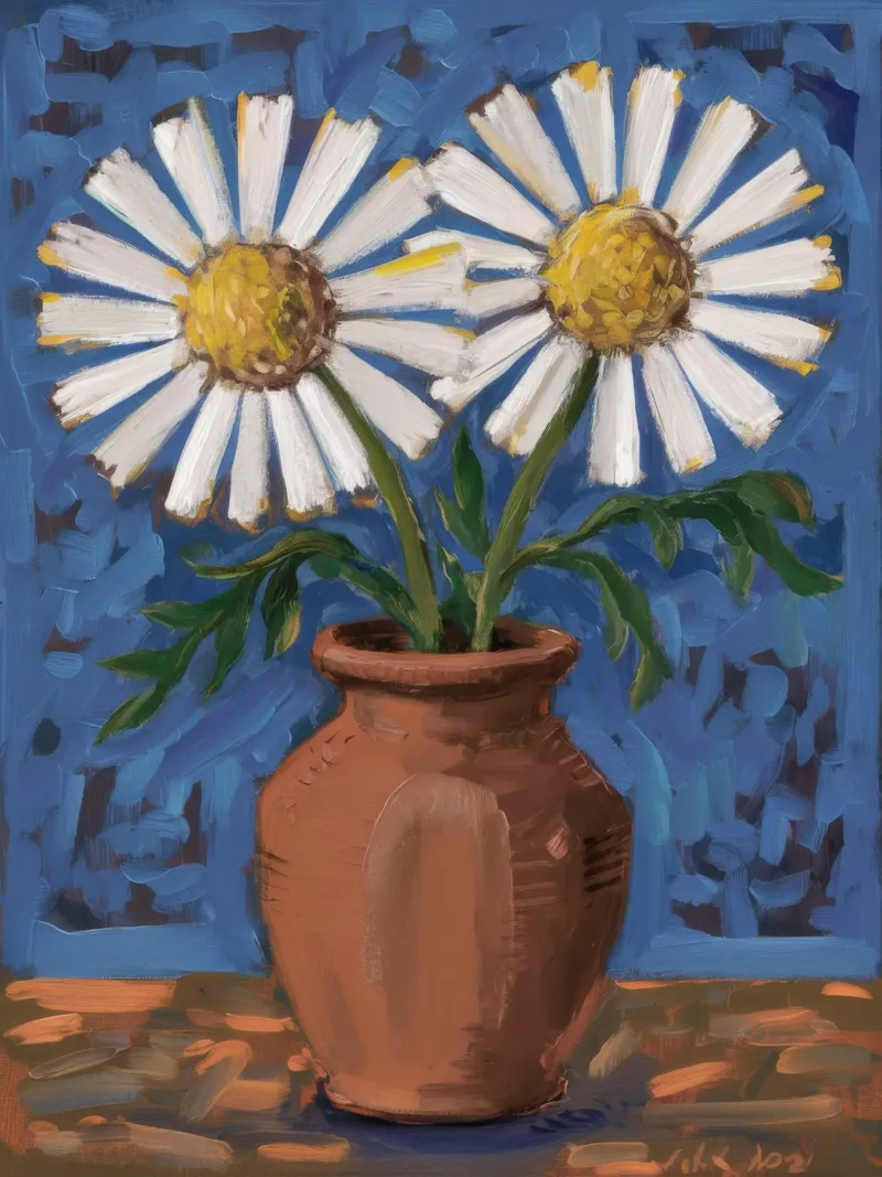 Bruine vaas margrieten canvas met Baklijst van Tiga Bersama