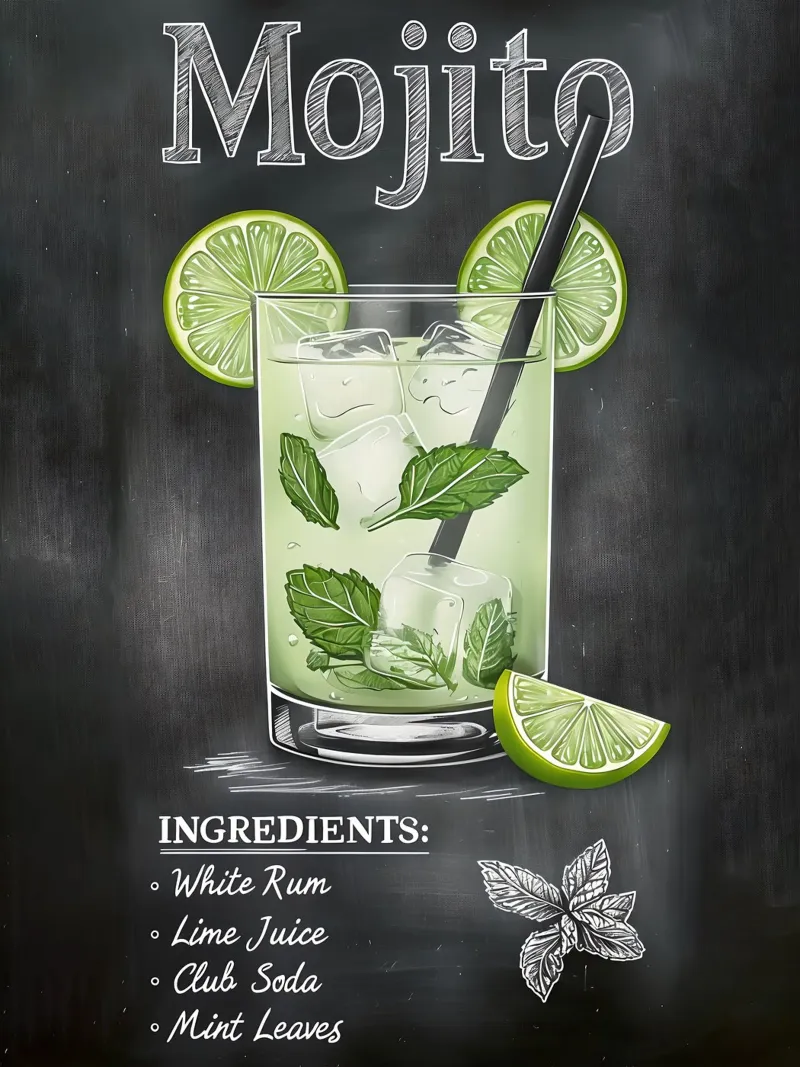 Illustrazione di un cocktail Mojito su lavagna poster con telaio in alluminio da 🥝 KIWI STORE