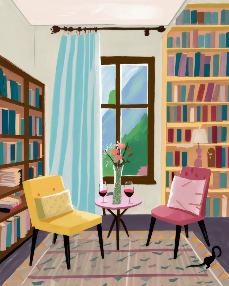 Angolo della biblioteca illuminato dal sole poster con telaio in plastica da Tiga Bersama