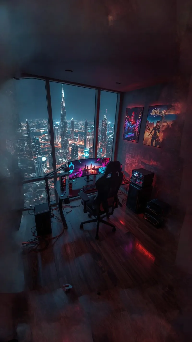 sedia da gioco e vista sulle luci della città poster con telaio in legno da van hellen