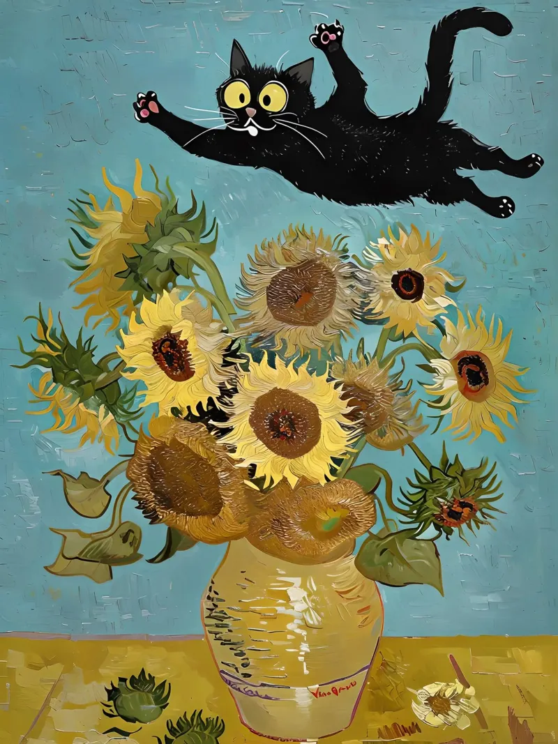 Speelse zwarte kat en zonnebloemen Van Gogh-stijl kunstwerk kunst poster met kunststof frame van 🎨 Point and Art