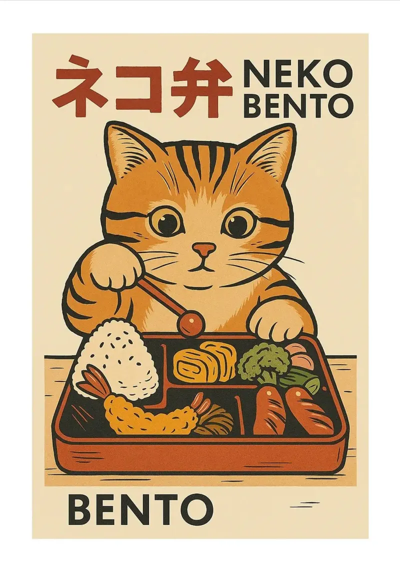 Neko Bento Illustration poster con telaio in plastica da Patrick J Curtis