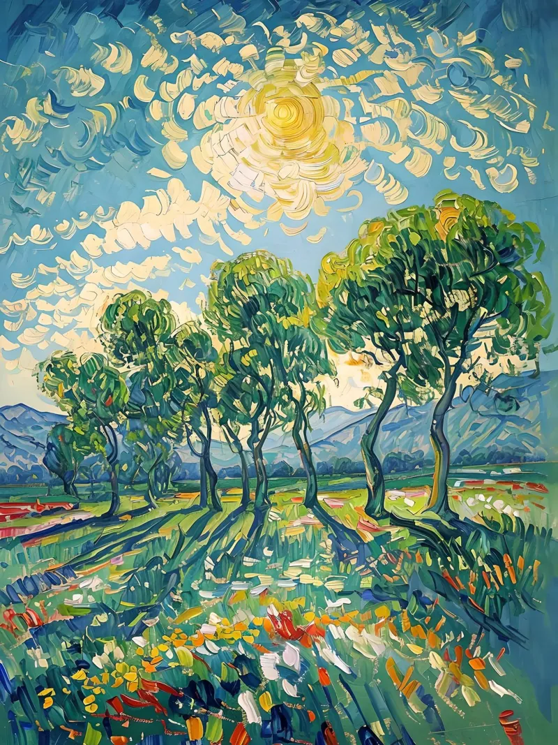 Paesaggio impressionistico con alberi e sole pellicola backlit da Point and Art