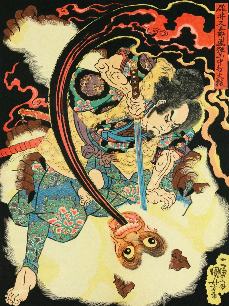 Samurai che uccide il demone Hihi - Ukiyo-e giapponese d'epoca pellicola backlit da Masterpieces Of Japanese Art