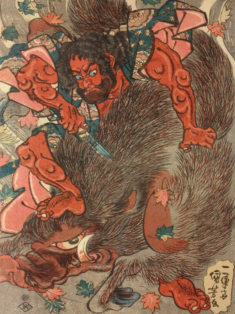 Samurai a caccia di cinghiali giganti - Woodblock giapponese d'epoca pellicola backlit da Masterpieces Of Japanese Art