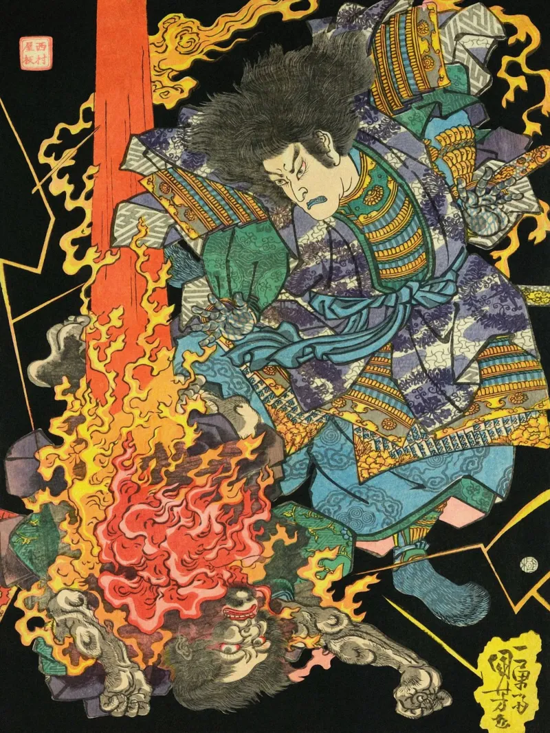 Samurai che lotta con il demone - Ukiyo-e giapponese d'epoca carta hahnemühle da Masterpieces Of Japanese Art