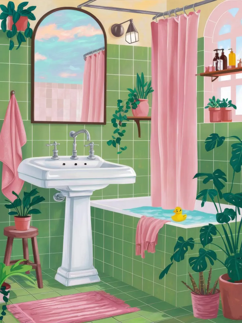 Bagno con piastrelle verdi plexiglass da Pan Denim