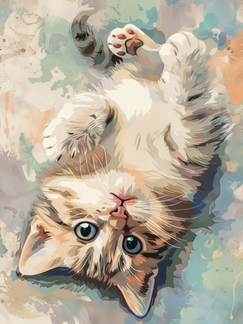 fluffy kitten with bright eyes, playfully lying on its back canvas by DesignDoodle