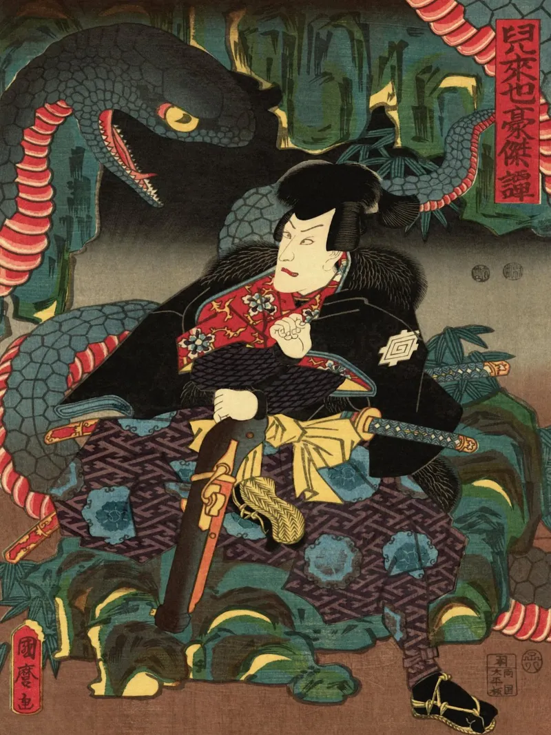 Samouraï combattant un serpent géant - Ukiyo-e japonais d'époque hahnemühle de Masterpieces Of Japanese Art