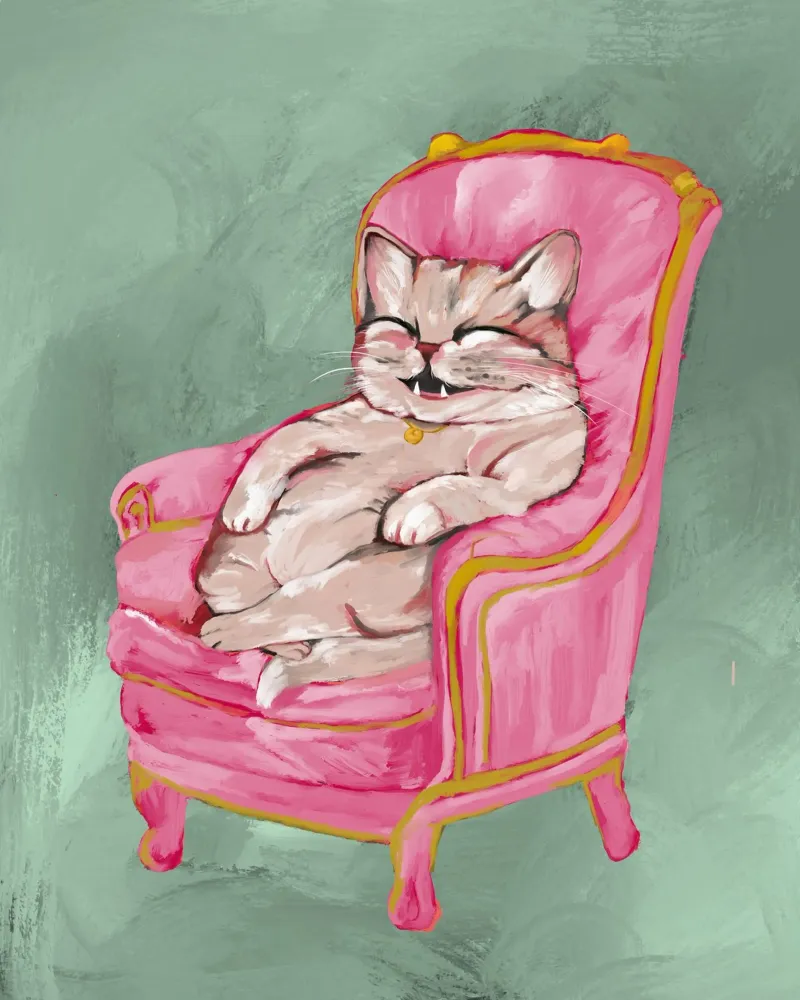 Smiling Cat Lounging on Pink Chair with a Sage Green Wall pellicola backlit da mysteriouscoco
