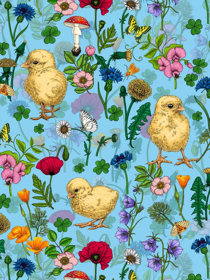 Polli e fiori di campo su blu baby poster da Painted Nature