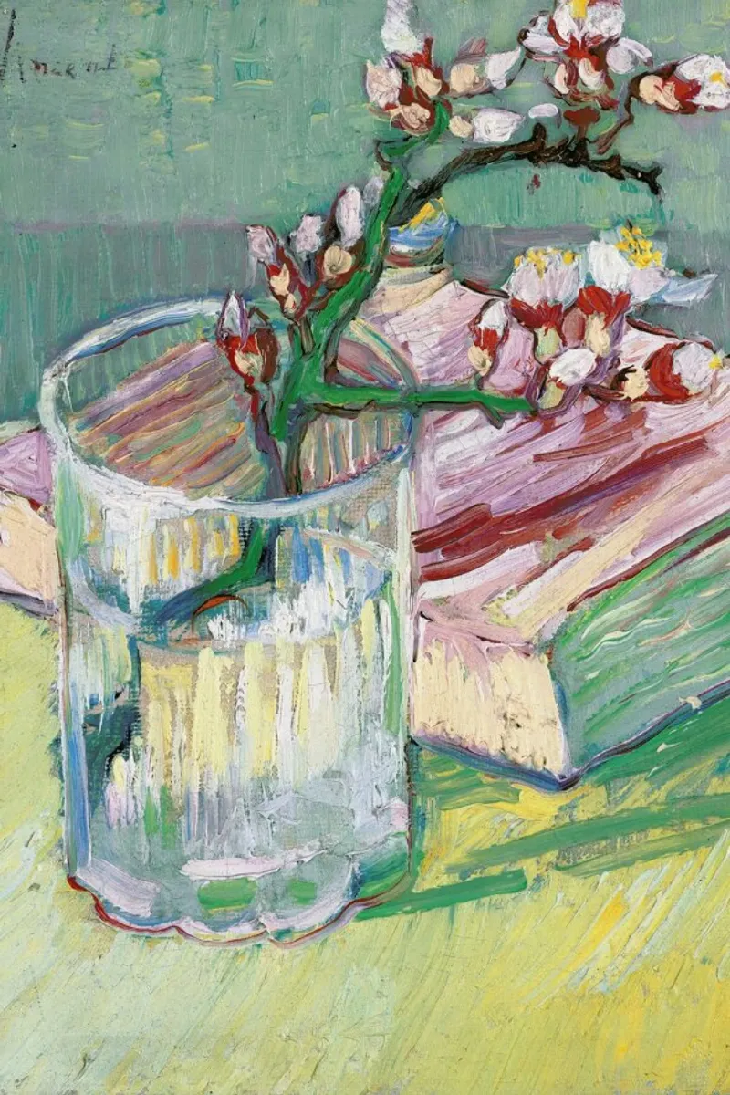 van Gogh  - Blossoming Almond Branch in a Glass with a Book carta hahnemühle da ARTOTHEK