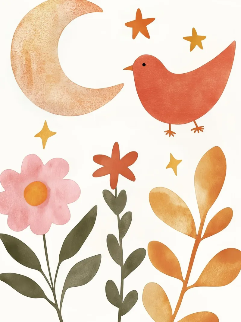Uccello Boho nel giardino della luna Fiori e stelle botanici vintage poster con telaio in alluminio da Gentle Echoes Art
