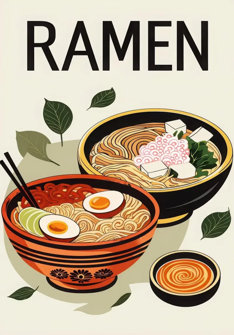 Ramen Bowls cibo giapponese poster con telaio in alluminio da Patrick J Curtis