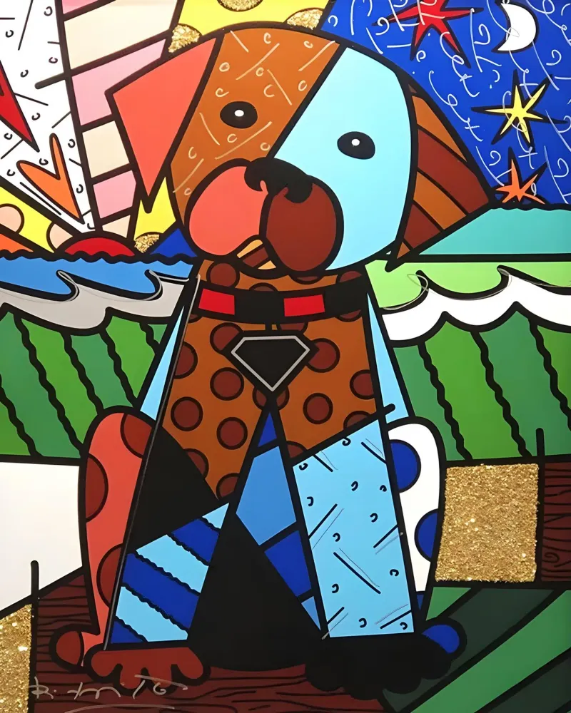 R Britto - Cute Dog poster con telaio in legno da Algoritm