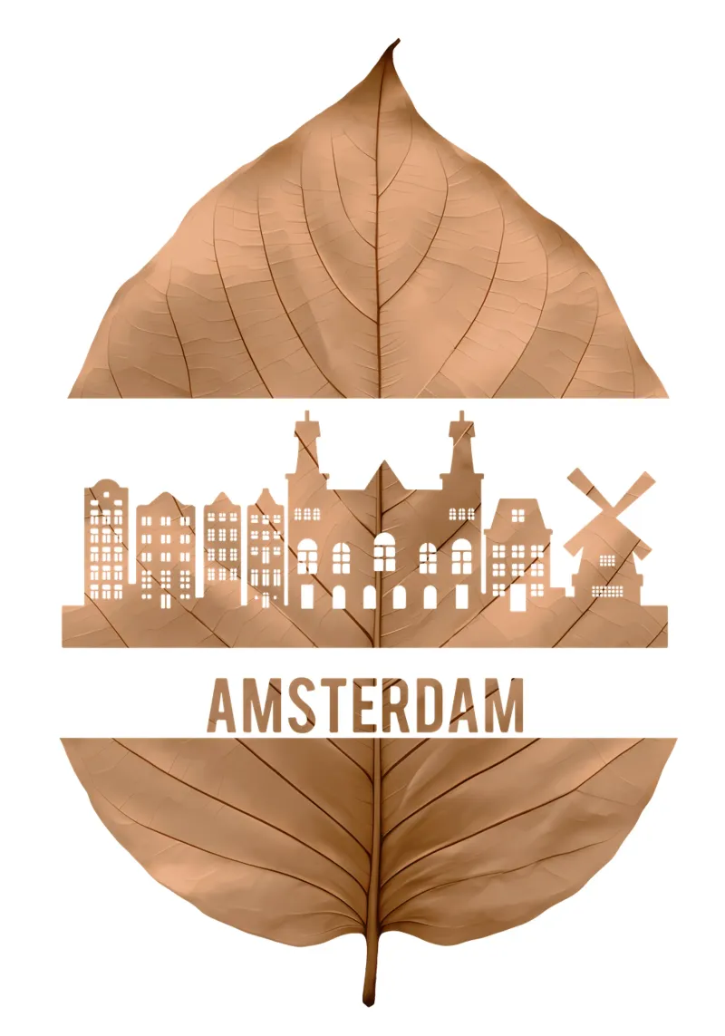 ilustrazione fogliare dello skyline della città di amsterdams alluminio dibond da kahfiza