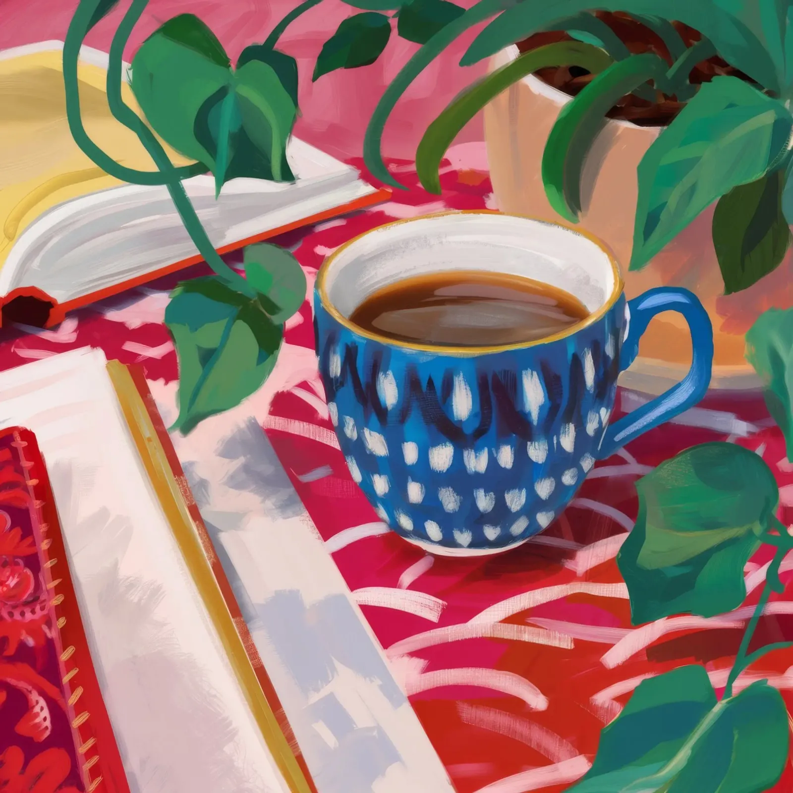 Blaue Tasse Rotes Tuch Poster mit Kunststoffrahmen von Pan Denim