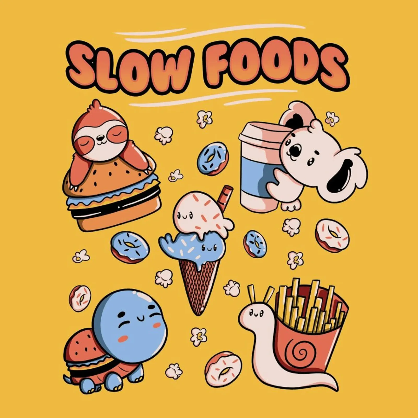 Slow Food Cute Animals Sloth Koala Turtle Snail Fries tela con Cornice a cassetta da Tobe Fonseca