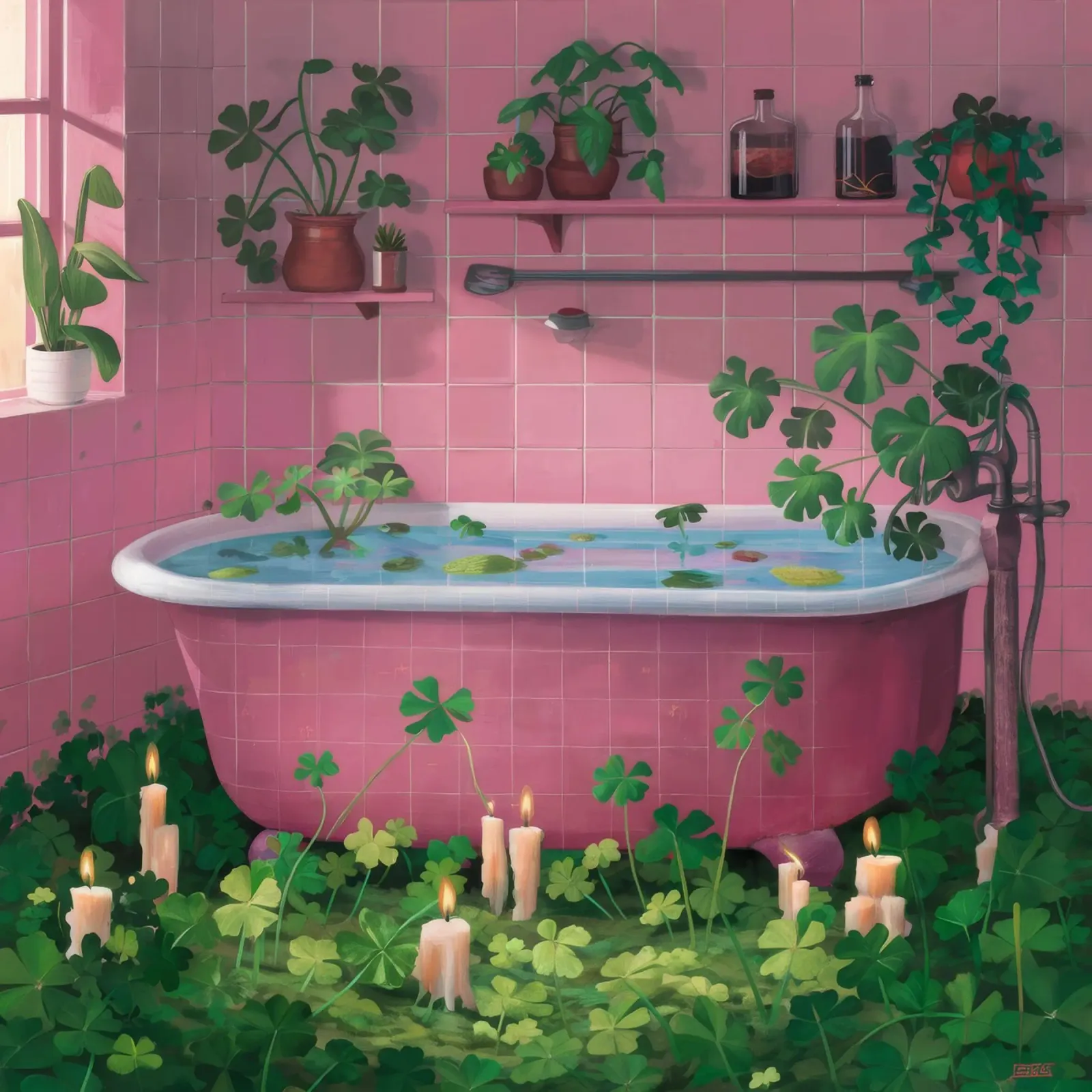 Vasca da bagno rosa Jungle poster con telaio in legno da Pan Denim