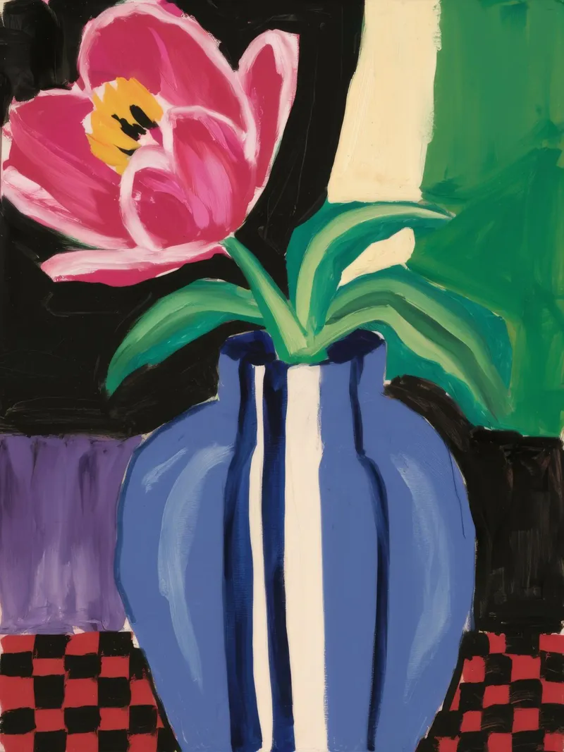 Blaue Vase Rote Tulpe Poster von Pan Denim