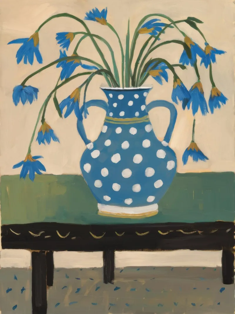 Gestippelde vaas Bluebells canvas met Baklijst van Tiga Bersama