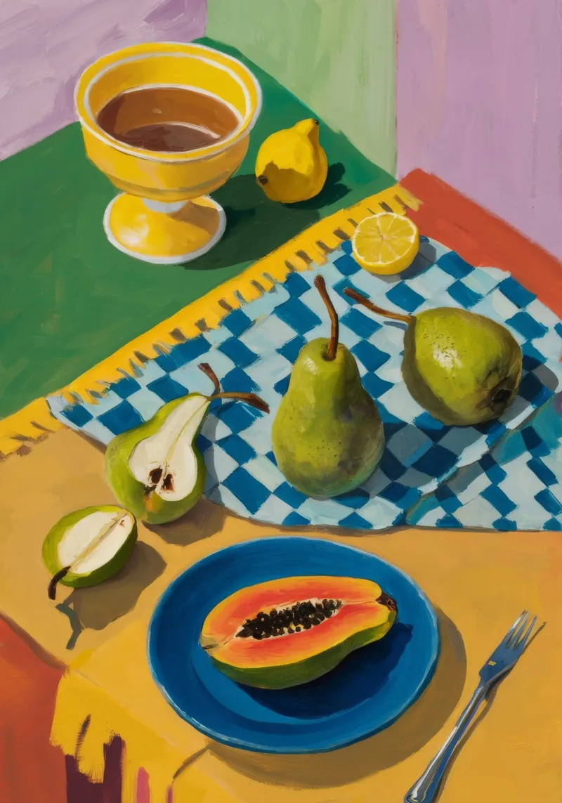 Duetto di pere e papaya poster con telaio in legno da Fable Tempa